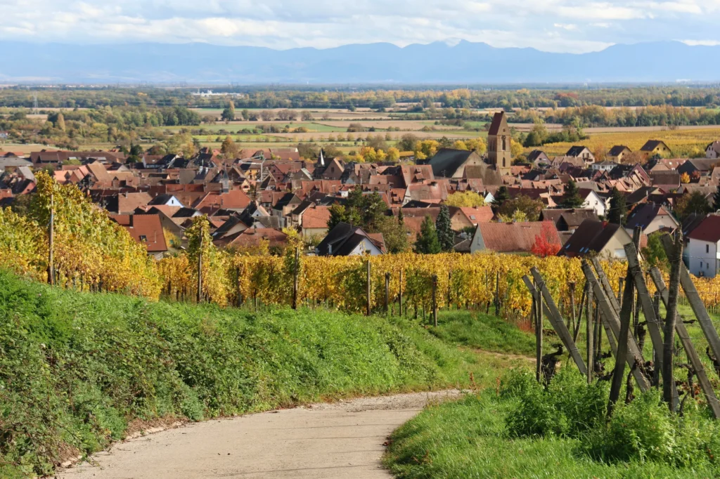 Village viticole aux toits rouges au pied des coteaux, vignes dorées en automne — Besançon