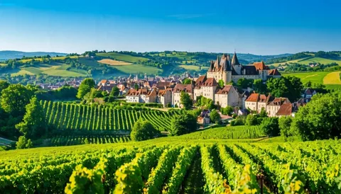 Panorama photoréaliste d'un bourg au château entouré de vignes verdoyantes — Besançon
