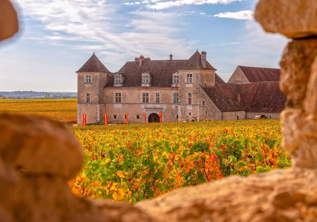 Le château du Clos de Vougeot et ses vignes aux couleurs d'automne, vu à travers un muret de pierre — Dijon