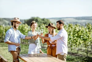 Groupe d'amis trinquant au vin blanc au cœur du vignoble — Reims