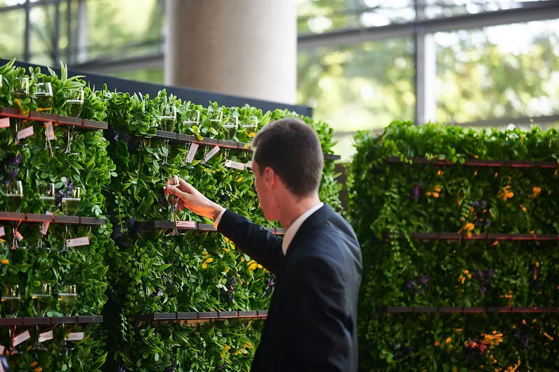 Cocktail reception entreprise mur vegetal champagne